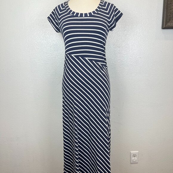 Athleta Makai Maxi Dress Size S Navy White Striped Short Sleeve Cotton Blend - Picture 5 of 9